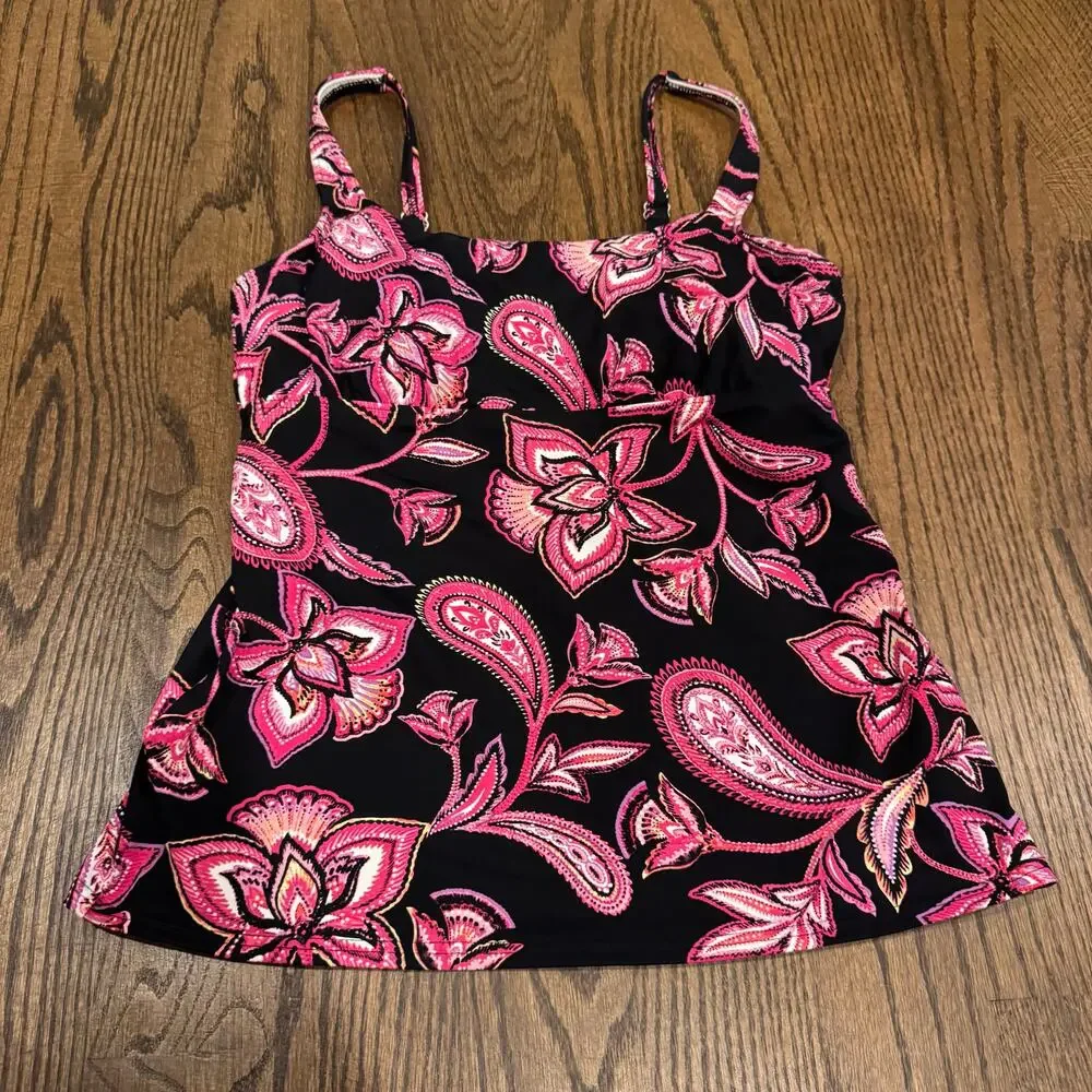 Lands End Womens Pink Black Paisley Underwire Tankini Swim Suit Top Size 8